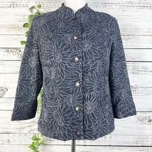 JM Collection Blazer Jacket size 6 Denim Jean Blue Floral Stretch Career Casual